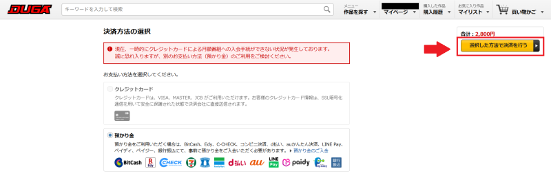 DUGA select a payment method screen.