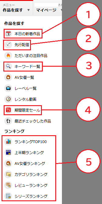 DUGA header Menu dropdown labeled with numbers and arrows